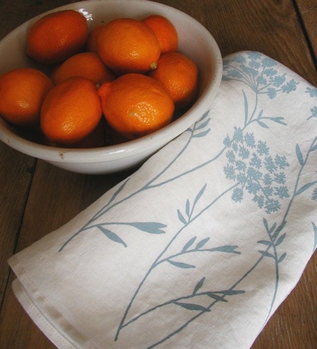 Tea Towel-Organic Linen- Queen Anne's Lace- Hand Screen Printed Dish Towel