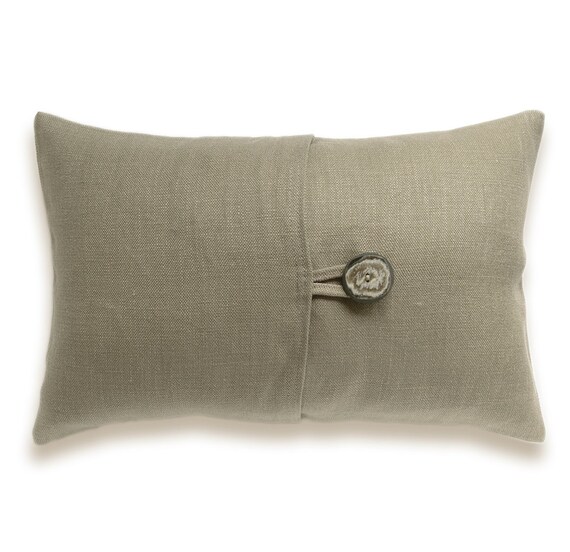 Textured Beige Linen Lumbar Pillow Cover 12 x 18 inch Faux Horn Button DREA DESIGN