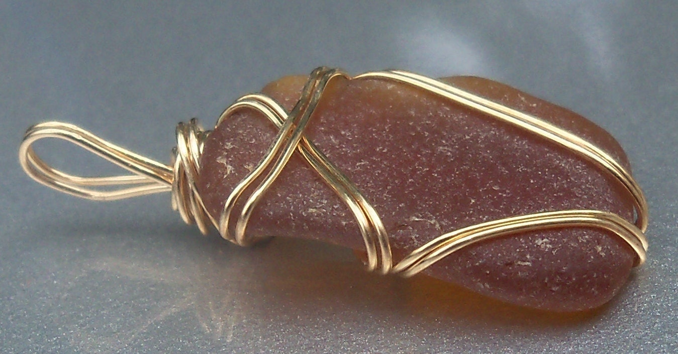 OOAK Brown Sea Glass 14k Gold Filled Wire Wrapped Pendant