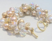 Cottage Chic Bridal Wedding Bracelet ANTIQUE BLUSH Pink, Satin Gold, Hand Knit Cluster Bangle, Limited Edition, Sereba Designs on Etsy