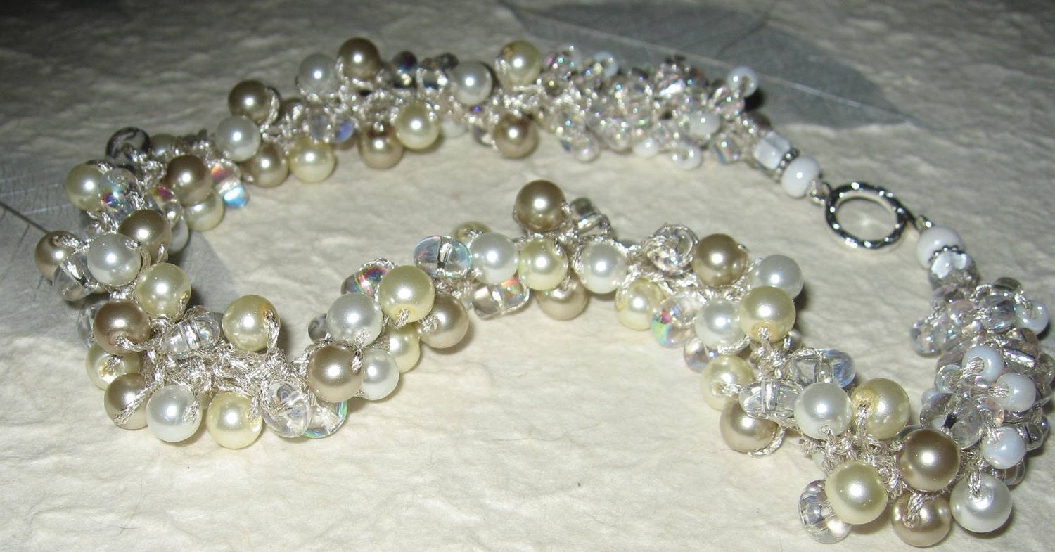 Pearl Crystal  Bridal Wedding Necklace, ICED CHAMPAGNE, Spiraling Cluster, Exclusive Original Hand Knit, Sereba Designs on Etsy