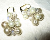BRIDAL BRIDESMAIDS Wedding Earrings, Bauble Cluster,  Sparkling Champagne and Pearls on Ice Crystals, Hand KNIT