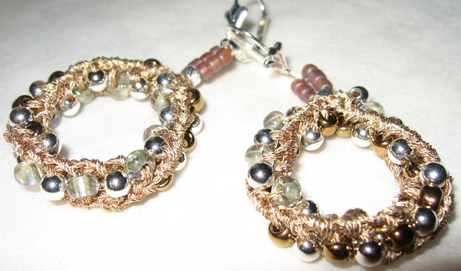 Beaded Hoop Hand Knit Earrings, OOAK unique twist design, fiber art jewelry by Sereba Designs
