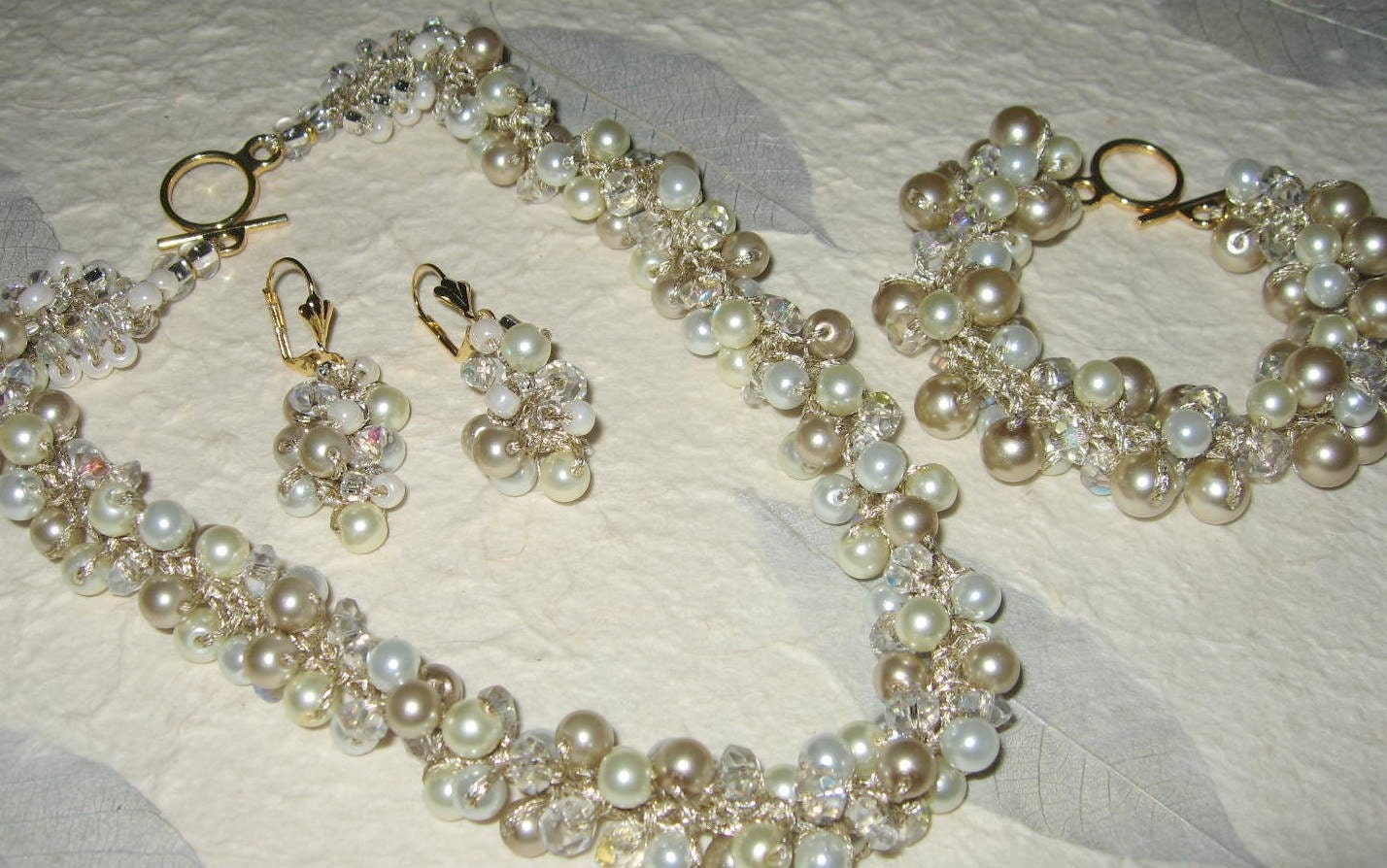 Wedding SET Bridal Jewelry - TRIO BLISS- Iced Champagne Ivory Pearl, Crystal, Necklace - Bracelet - Earrings, Hand Knit by Sereba Designs