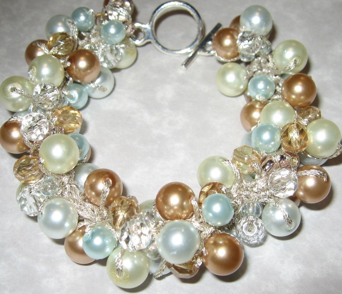 Something Blue Pearl  Bridal Bracelet, Ivory, Golden  Bronze, Apricot, Melon, White, Crystal- Hand Knit  Spiral Twist  Designs on Etsy