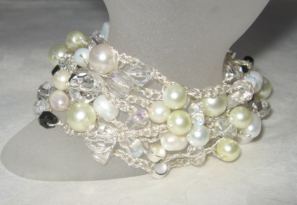Extra Long Bead Hand Crochet Knit  Necklace Bracelet Boho Wrap, Freshwater Pearl, Black Crystal,  White, Ivory,Hand Made Elegance