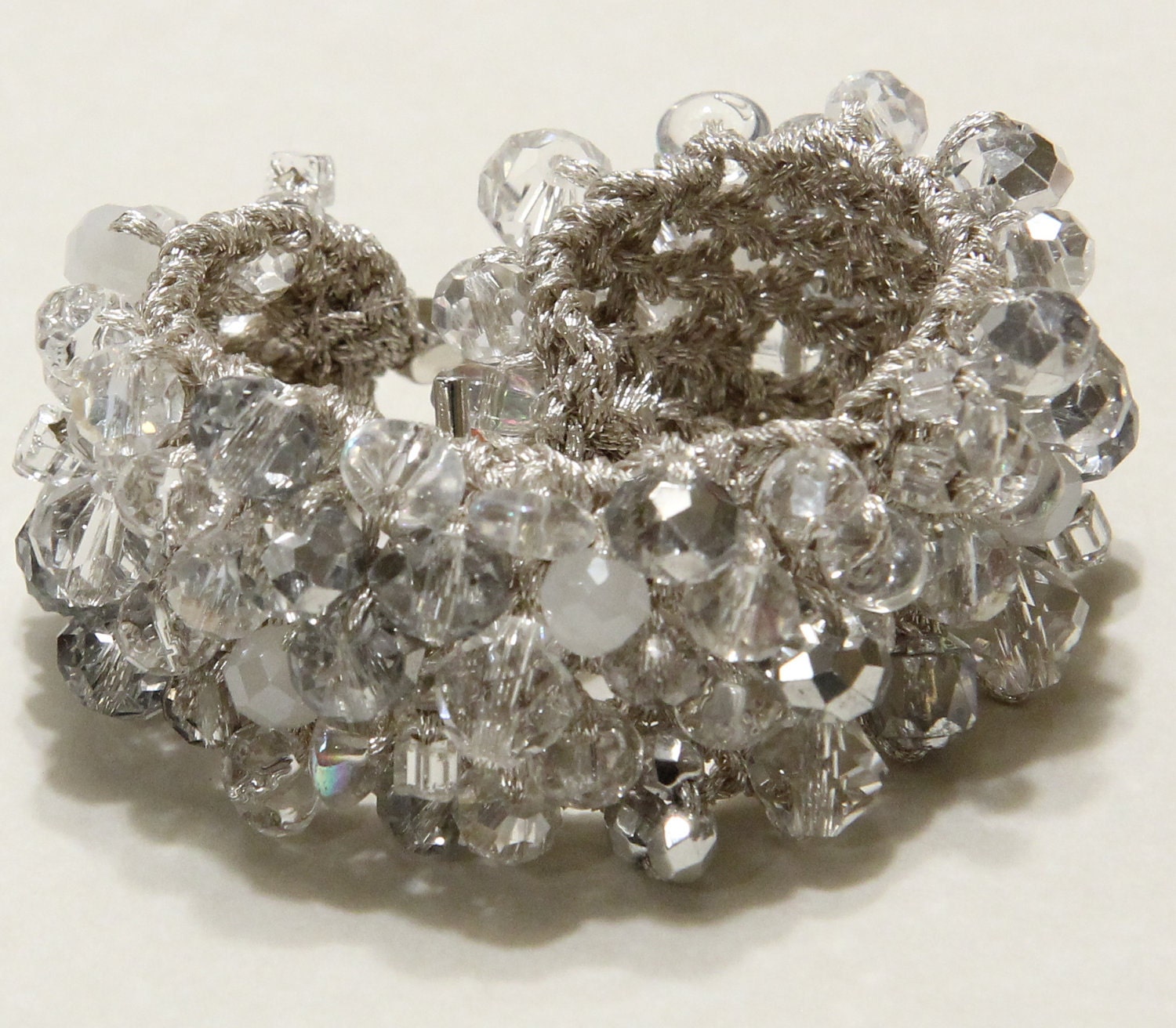 Bridal Jewelry, WINTER WONDERLAND Wedding, Sparkling Ice Quartz Crystal, Original Soft Hand Knit Cuff Bracelet  by Sereba Designs