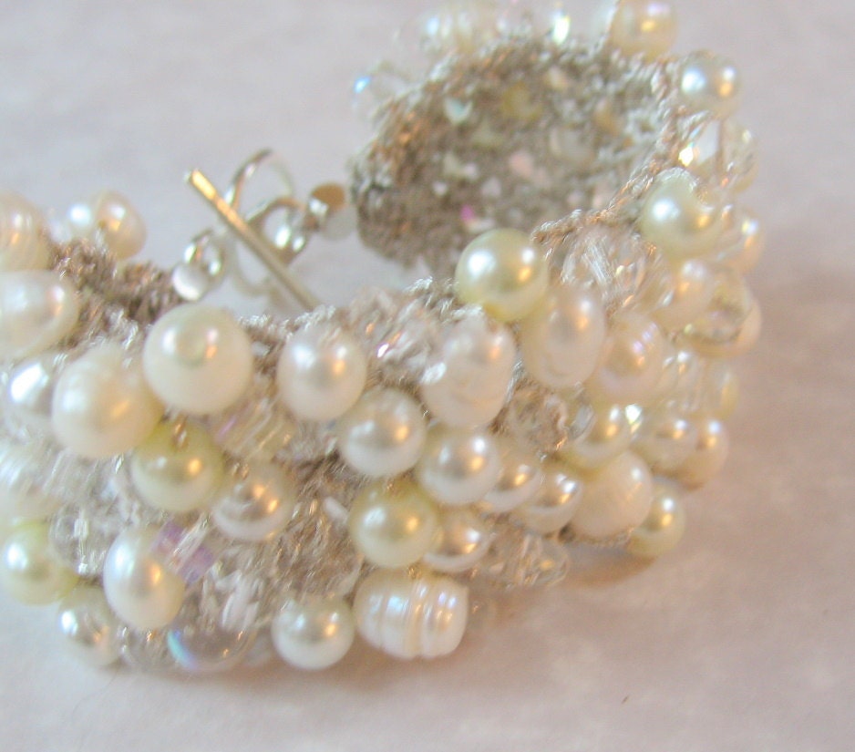 Freshwater Pearl Crystal  Wide Soft Hand Knit Bridal Wedding Bead Cuff Bracelet, White, Ivory Unique Original Exclusive, Sereba Designs