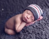 Grey, White and Red Striped BOYS hat - NEWBORN size