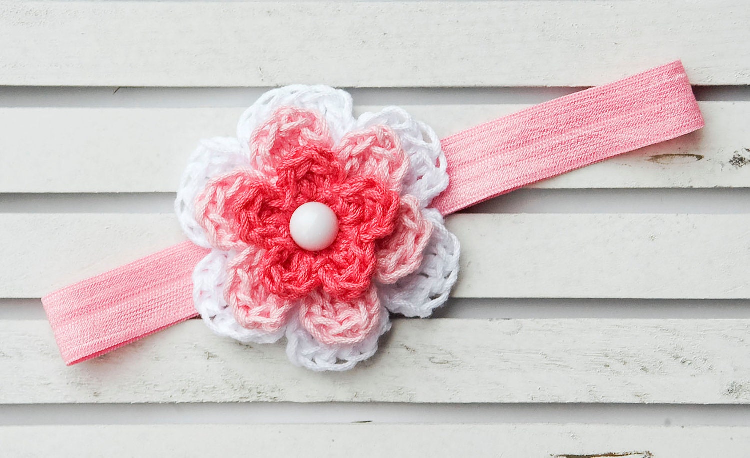 BABY Headband with Crochet Flower  - White, Pink and Coral on Pink Headband