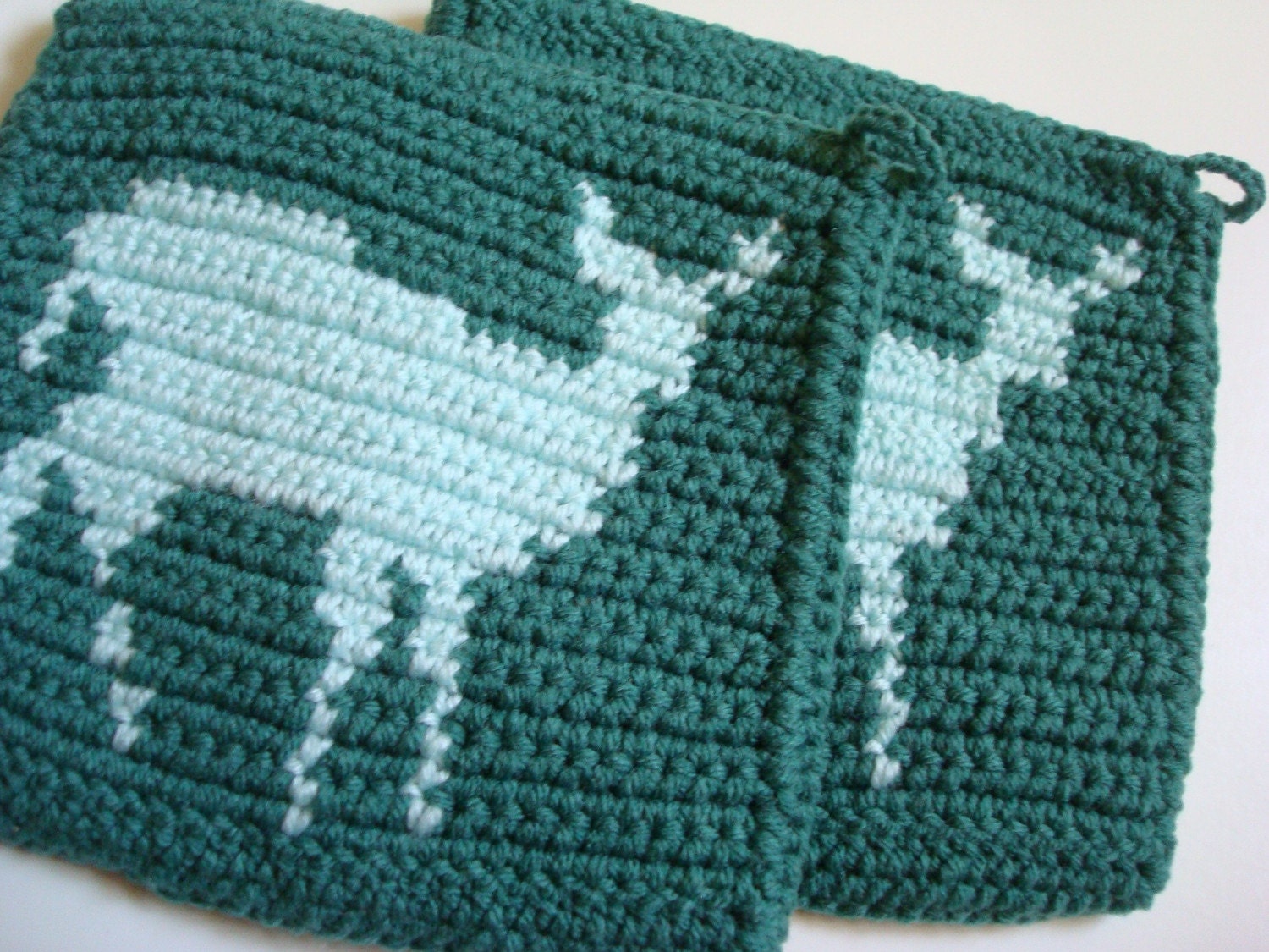 Deer Potholders - Green Potholders - Silhouette Potholders - Crochet Doe Pot Holders, Potholders, Hotpads, Hot Pads, Trivet Set of Two