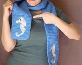 Seahorse Scarf, Blue Scarf, Nautical Scarf for Men or Women, Crochet Scarf, Hoooked Scarves