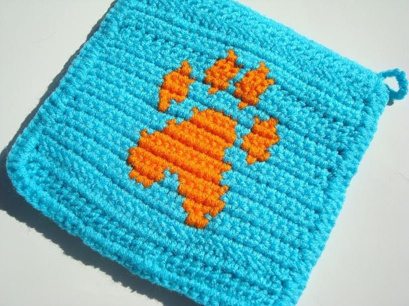 Pawprint, Paw Print Potholder, Turquoise and Bright Orange Pawprint Potholder, Pot Holder, Crochet, Crocheted by Hoooked