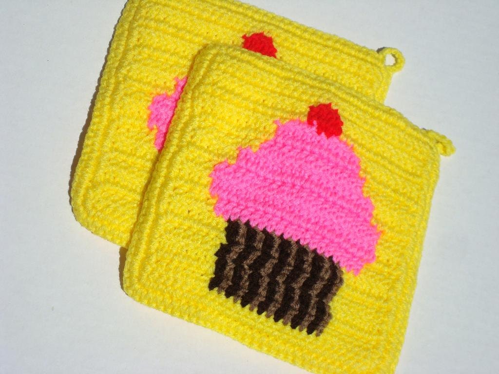 Yellow Crochet Potholders - Pink Cupcake With Cherry On Top - Cupcake Kitchen Decor - Hoooked Hot Pads, Trivet Set of Two, Pot Holders