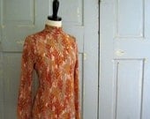 1970s Blouse Top, 70s Orange Blouse, Abstract Naked Trees MED