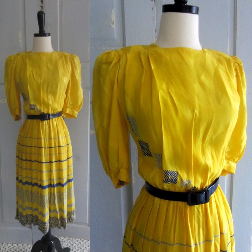 Yellow Vintage Dress, 1970s Silk Dress with Navy Stripes SM