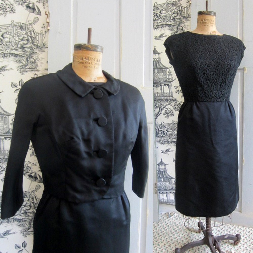 60s Black Cocktail Dress, 1960s Black Lace Dress with Jacket LG