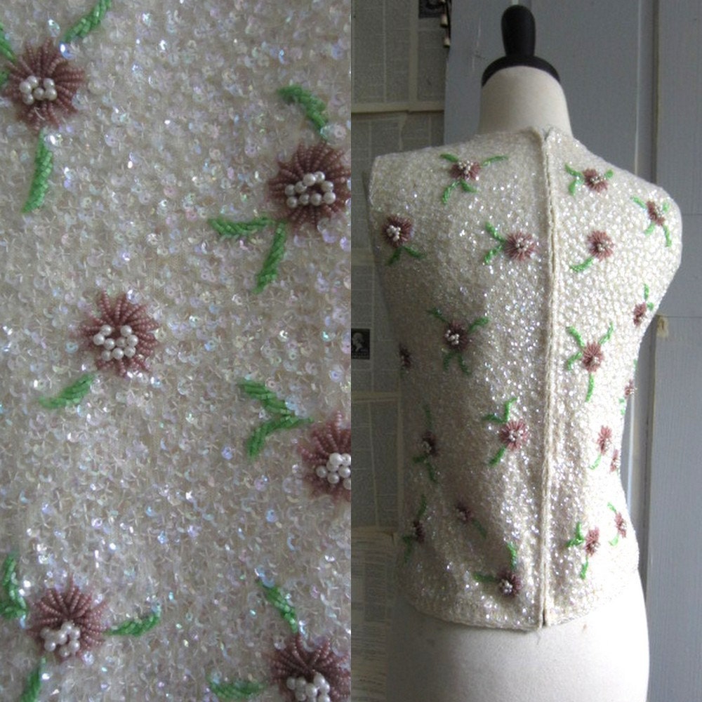 SALE Vintage Beaded Shell 1960s Sequined Top Semi Formal Party Top Sleeveless Womens Size Small