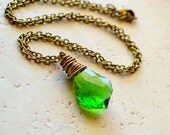 Green Crystal Necklace, Wire Wrapped Baroque Swarovski, Antiqued Brass, Fern Green