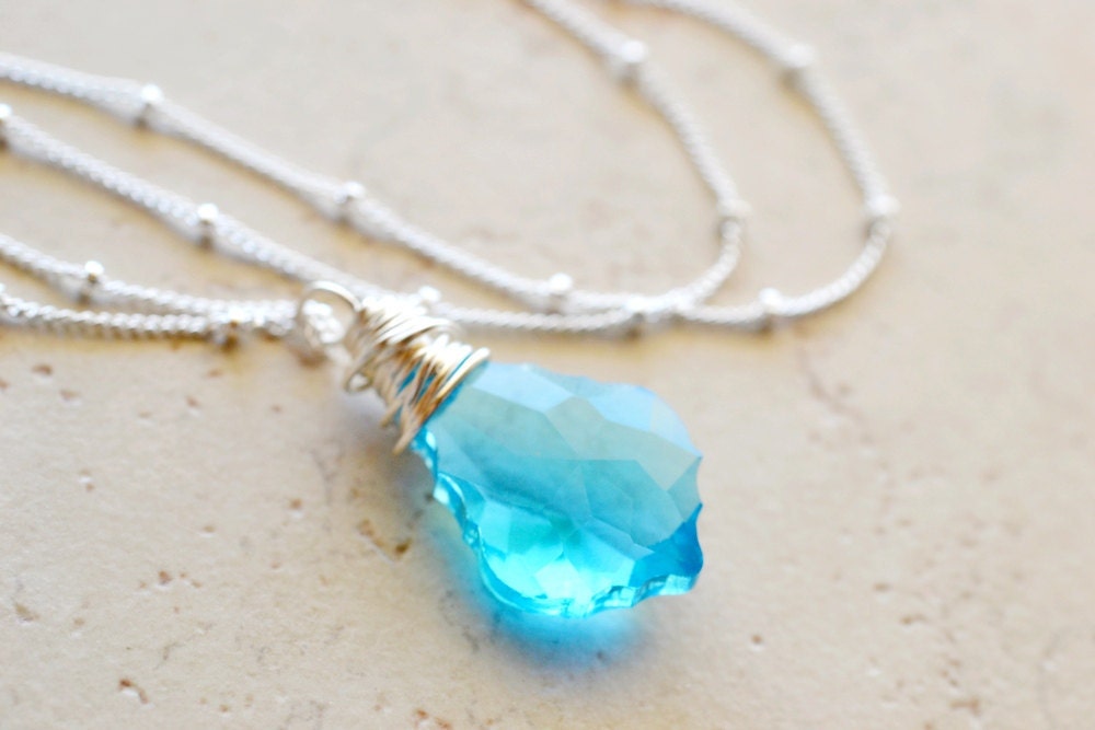 Aquamarine Necklace, Swarovski Crystal, Sterling Silver and Sparkling Blue, Wire Wrapped