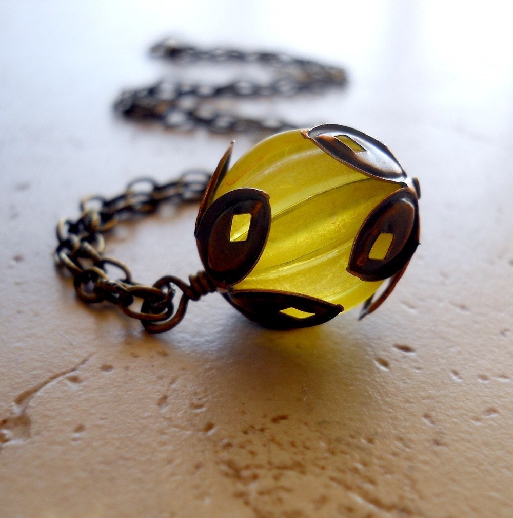 Yellow Tulip Necklace in Antiqued Brass, Fluted Lemon Round