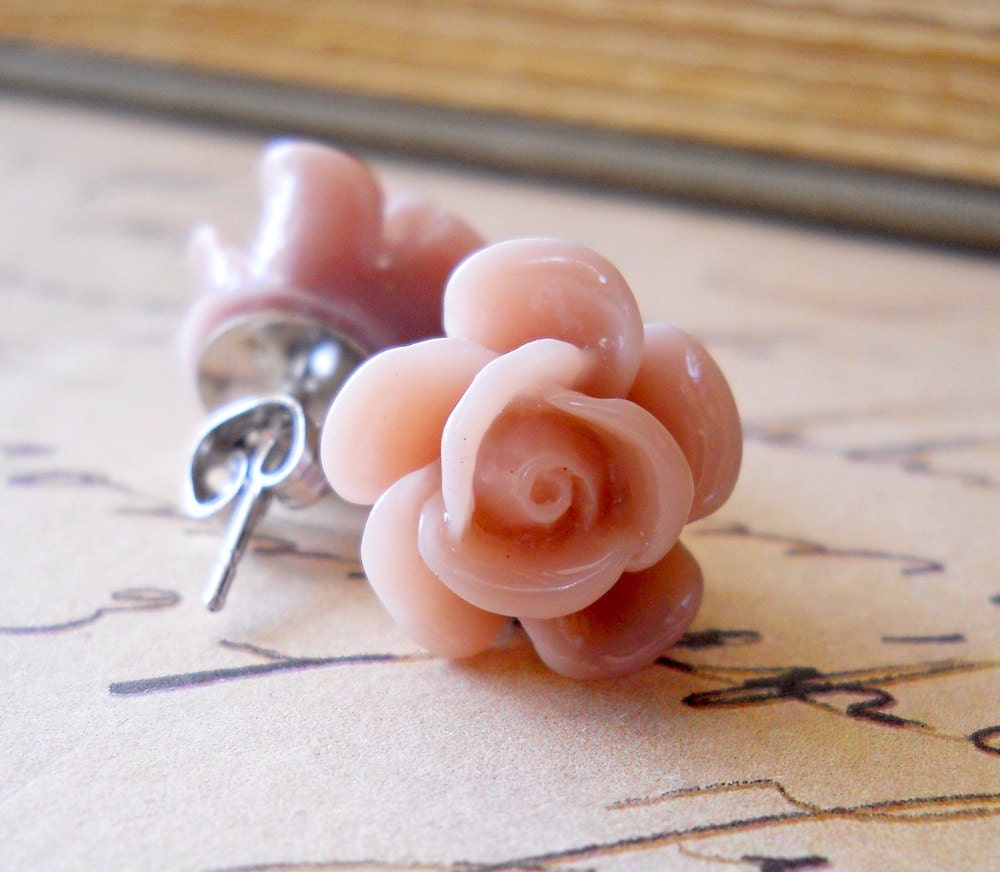 Mauve Rose Earrings Cabbage Roses Dusty Shabby Chic 14mm