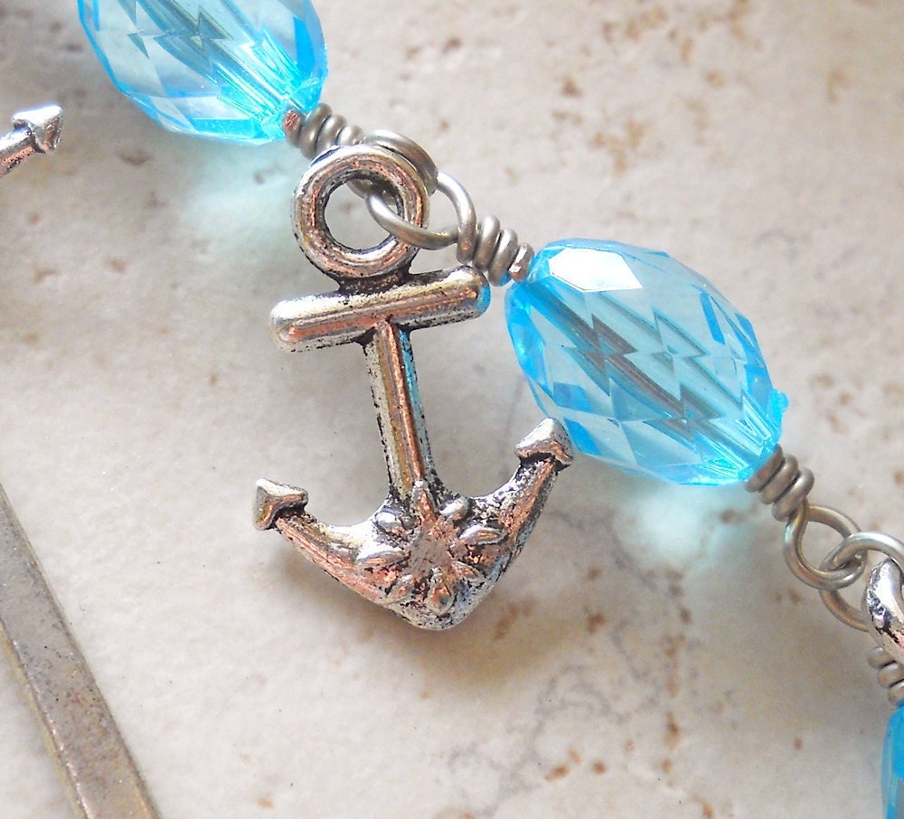 Nautical Bookmark, Anchors and Aqua Crystals on Silver, Metal bookmark Gift for Beach Ocean Lovers