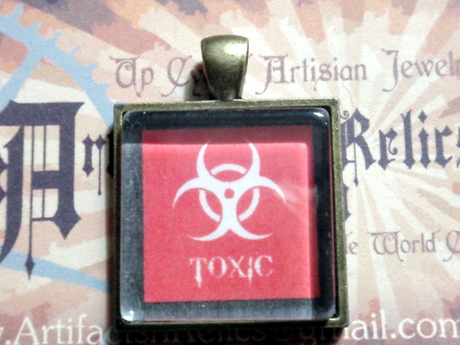 Toxic Biohazard Necklace photo pendant red on 18 inch matching antiqued brass chain