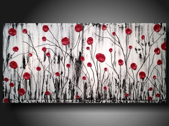 ORIGINAL Contemporary Fine Art Abstract Textured Painting modern 24 X 48 Inches ------- Awakening--- 3D poppies--red red red