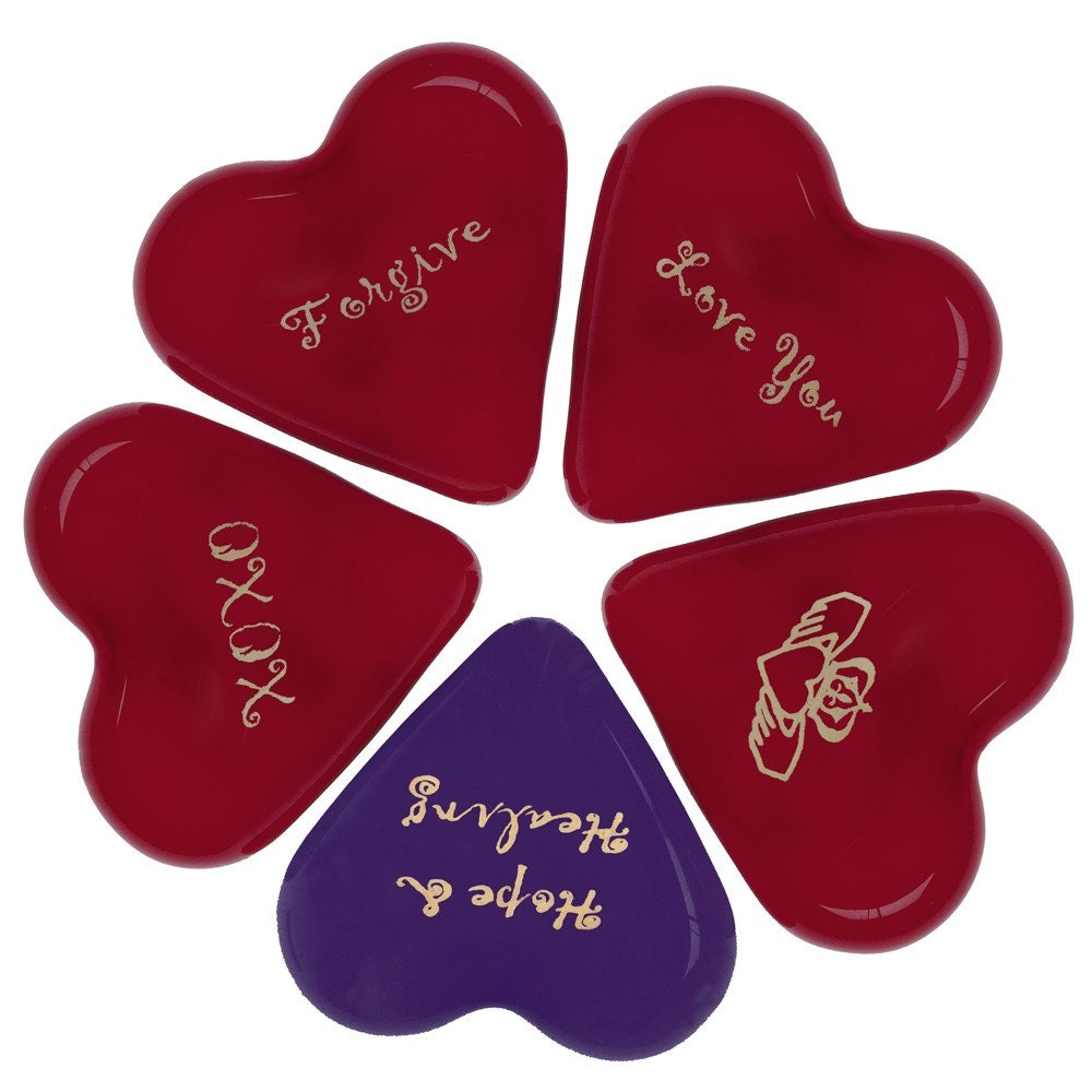 5 Whimsical All Occasion Glass Heart Assortment Gold Ink Imprinted Your Choice