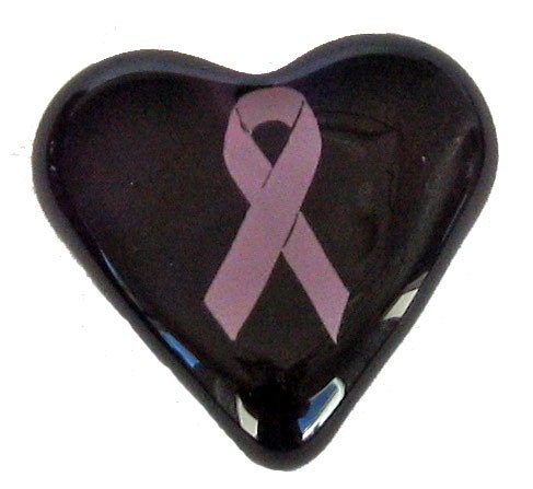 Purple Glass 'Pink Ribbon' Heart Acknowledging Breast Cancer Courage Treatment Hospital Get Well Support Encouragement 1.5x1.5x.5" 1.6oz