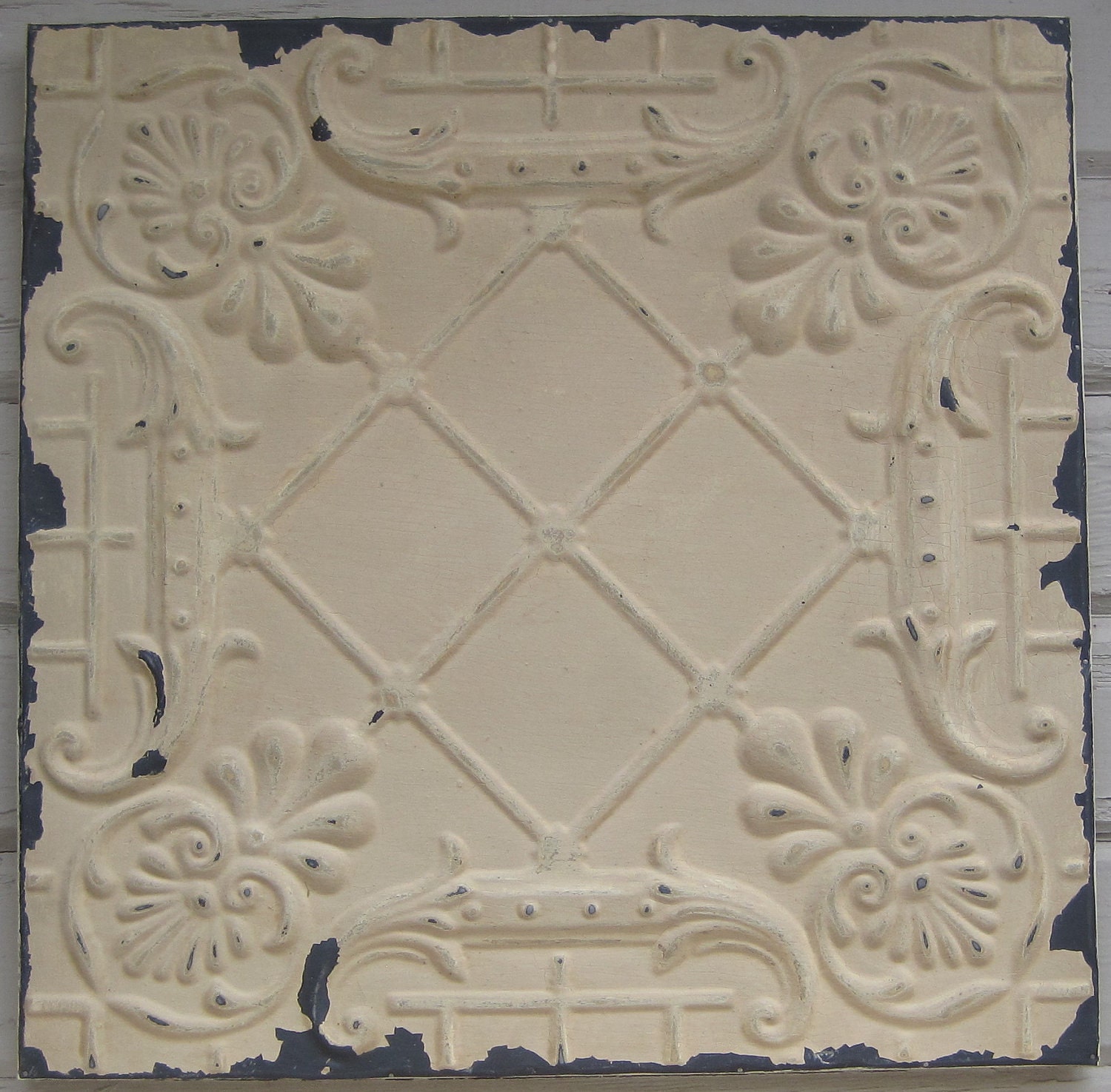 2'x2' Antique Ceiling Tile Circa 1910 Original Paint FRAMED Ready to Hang. Great for magnet board or wall decor