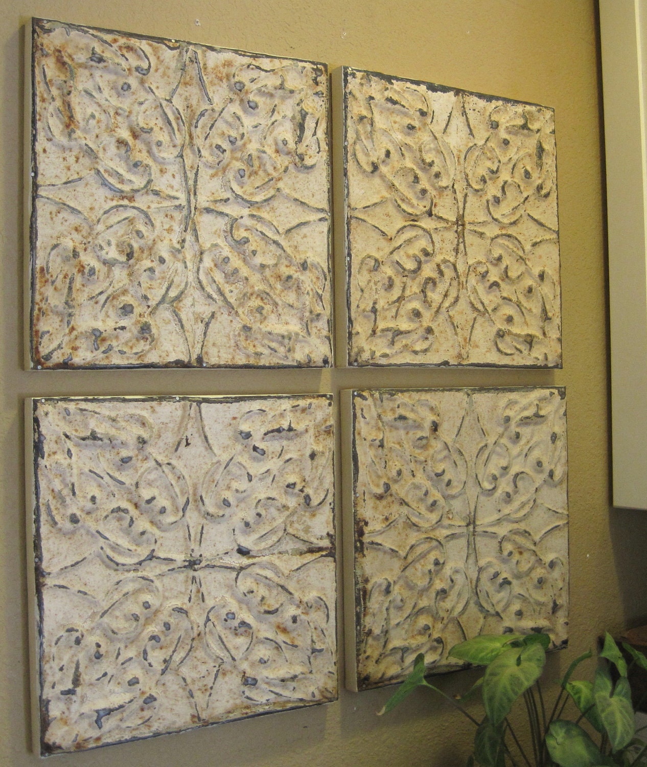 ALL 4 Antique Ceiling Tin Tiles. Each tile is 11 1/2" square.Framed & Ready to Hang. Original Rusty-Off-Whites. FANTASTIC TIN Circa 1900.
