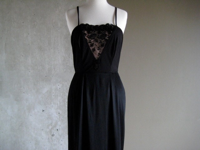 70s VINTAGE Frank Usher slip dress black and nude sequins embroidered floral design excellent condition small