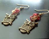 Red and Gold Owl Charm Earrings