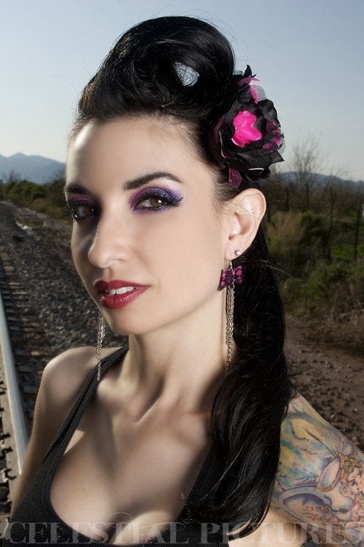 Fushia n Black Lace hair flower