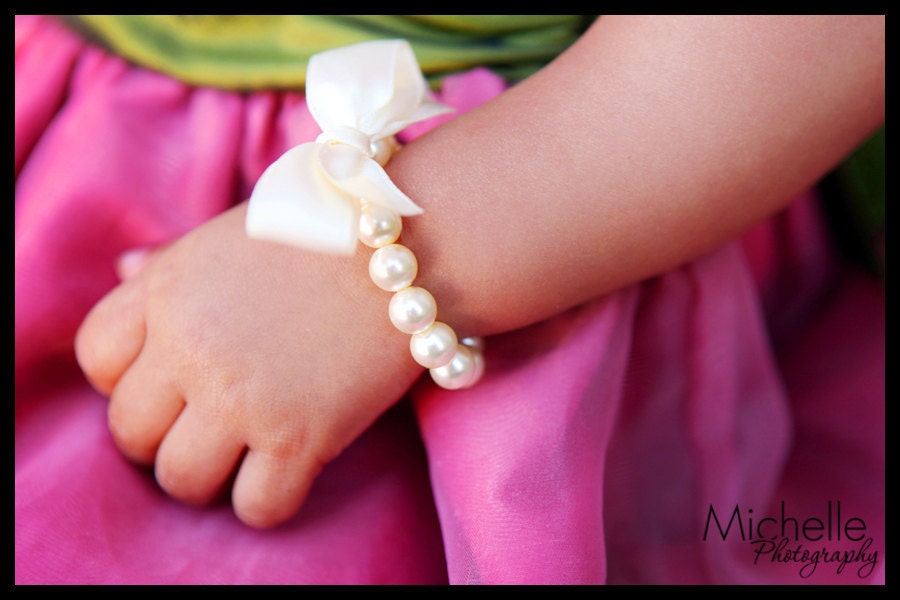 Little Girl Pearl Bracelet with ribbon for first pearls, flower girls, toddler birthday, or babies photo prop
