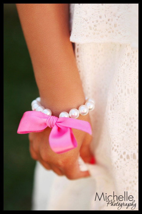 Little Girls Pearl Bracelet with ribbon for flower girl gift, toddler birthday, or babies photo prop
