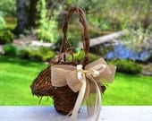 Flower Girl Basket - twig basket with burlap and satin bows rustic, cottage and shabby chic wedding