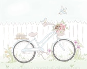 Cruisin original art print BLUE. 2 bluebirds made a nest in a bike basket full of flowers. 8x10 giclee.