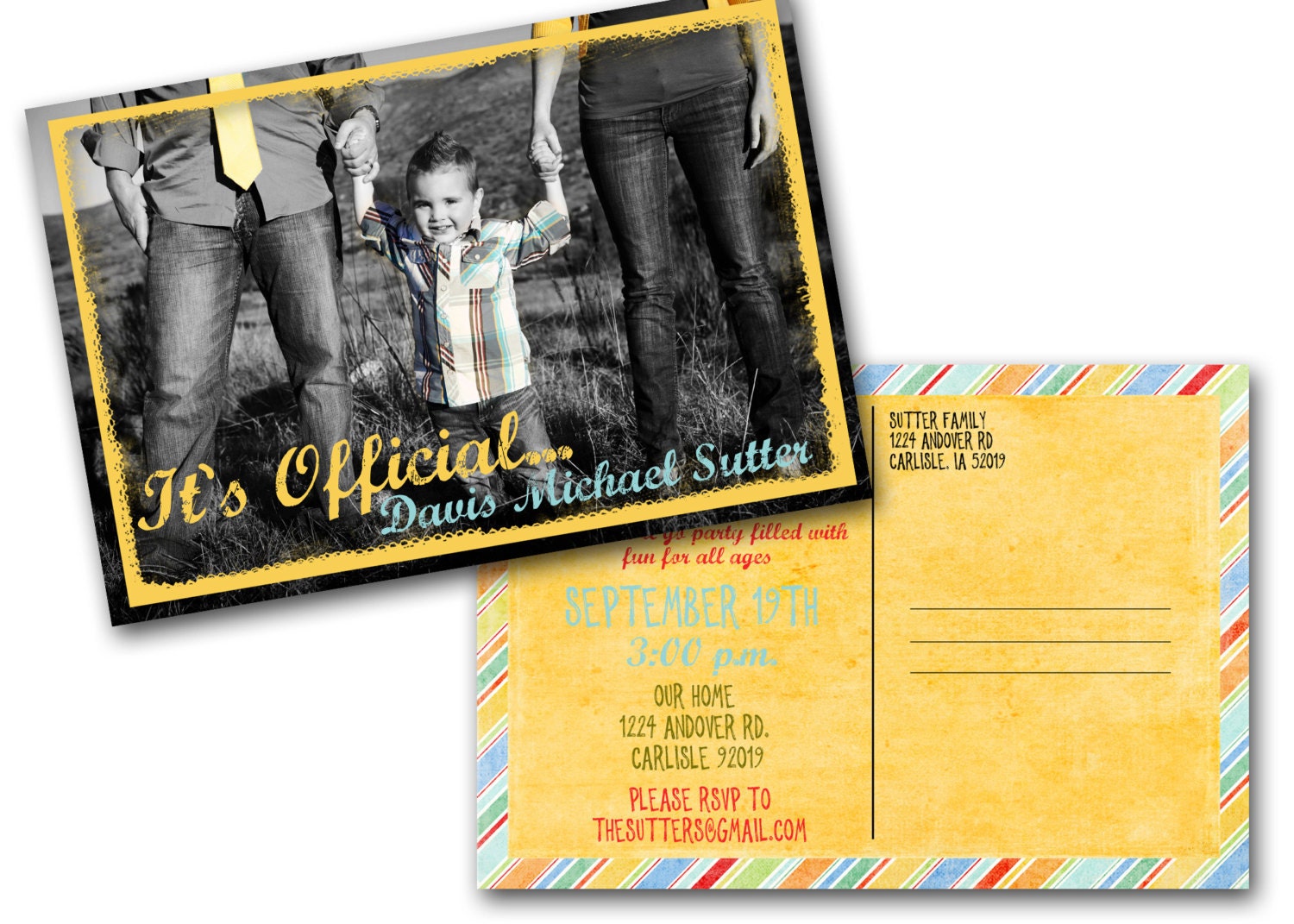 Adoption Announcement - a cute double sided card - custom to your info and colors