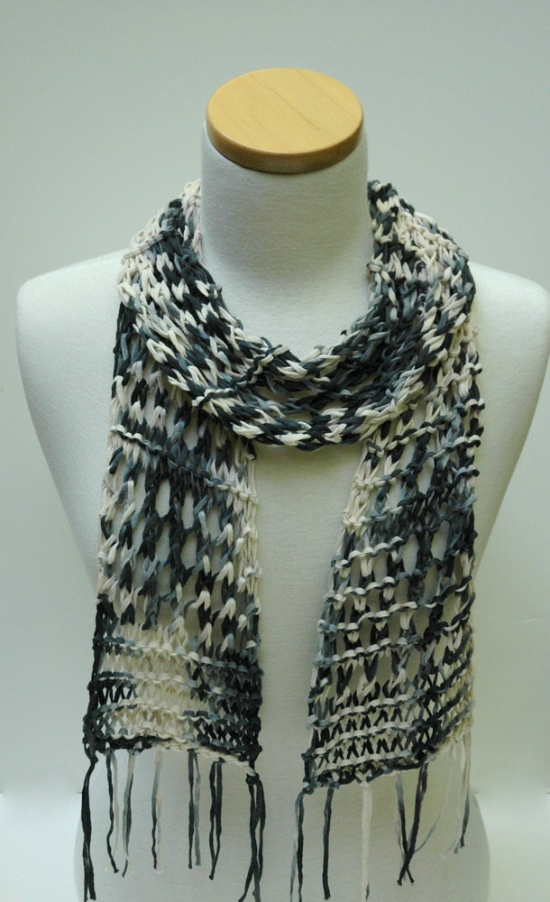 Cotton Scarf- Hand Knit/   Black, White, Gray