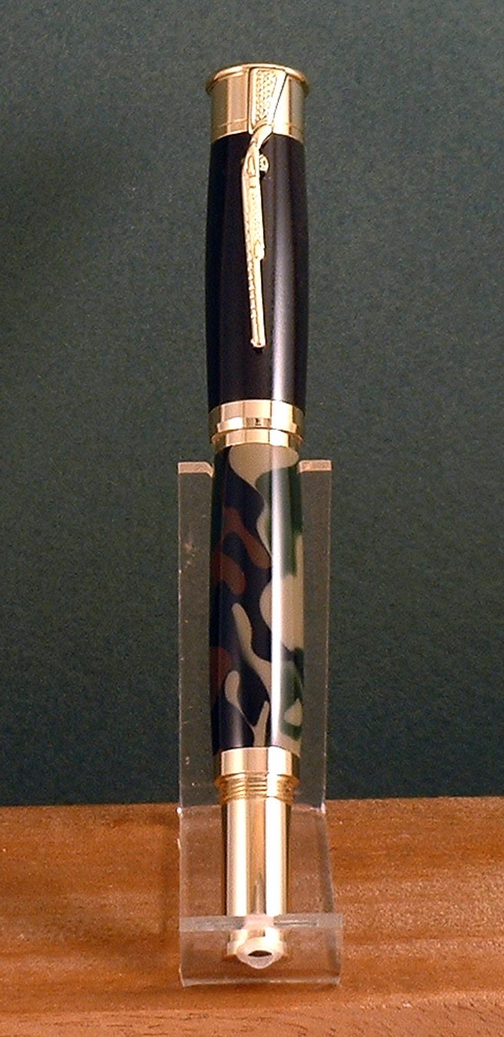 24k Gold Over and Under Roller Ball Pen - Ebony and Camouflage Acrylic