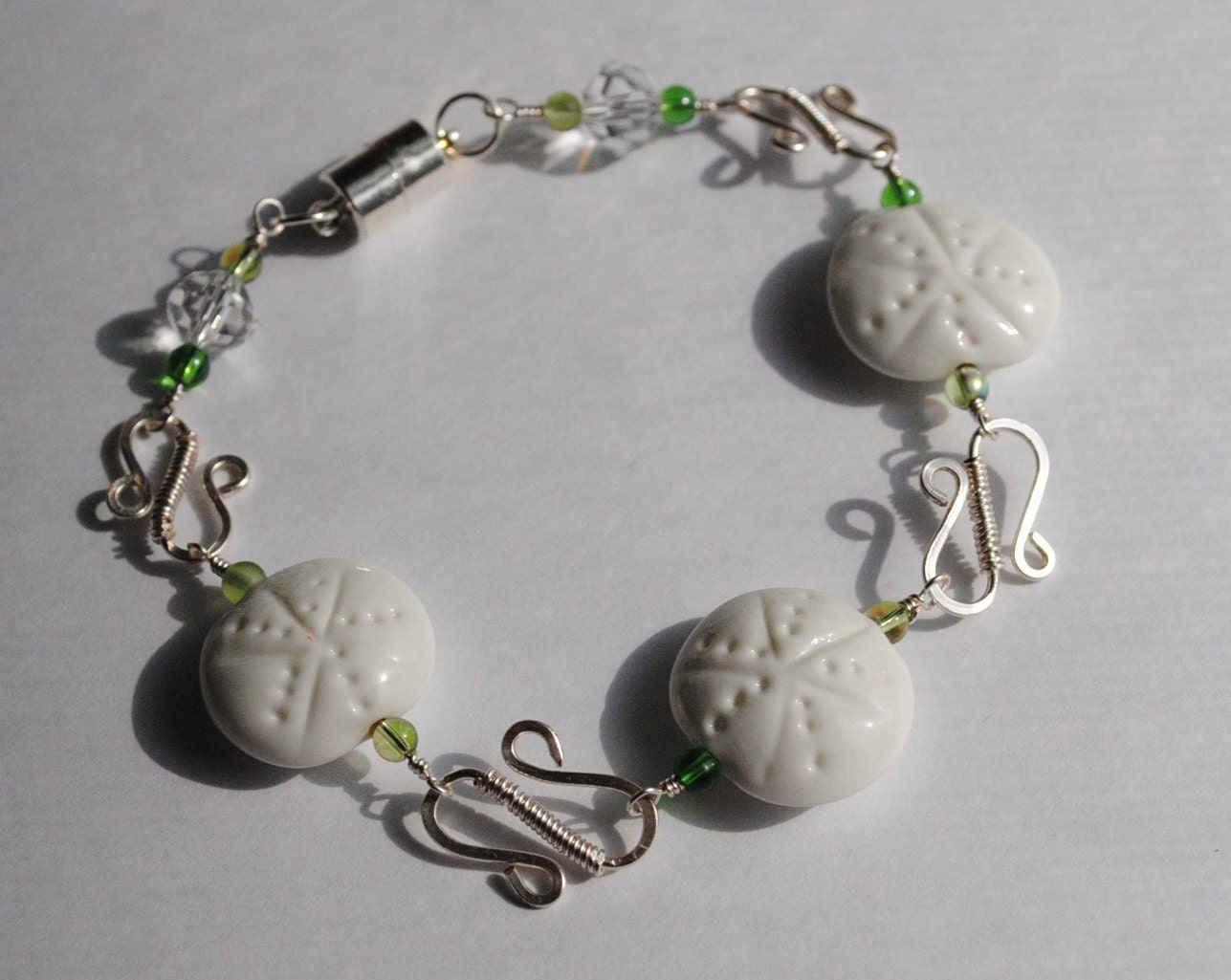 Lampwork Bracelet, Wire Wrapped Bracelet, Sand Dollar Dreams
