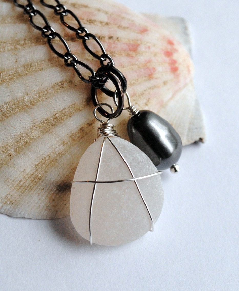 Bridesmaid Necklace, Sea Glass Jewelry, Grey Pearl