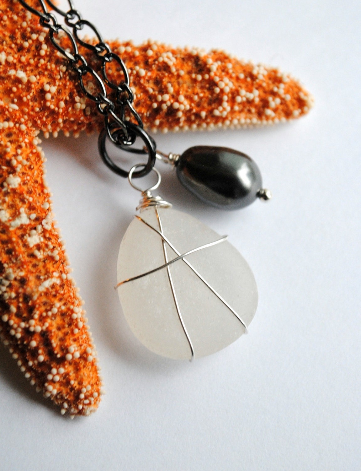 Bridesmaid Necklace, Sea Glass Jewelry, Grey Pearl