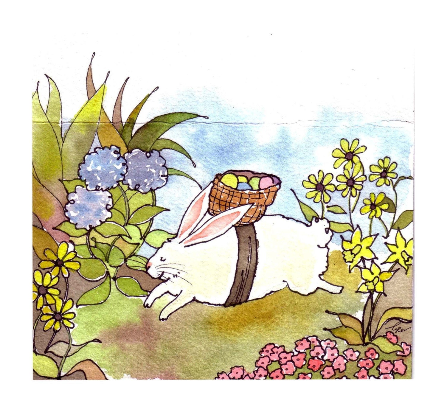 Easter Card - Easter Greeting Card- Easter Bunny Rabbit Easter Eggs Flowers Garden Watercolor Painting Rabbit Illustration