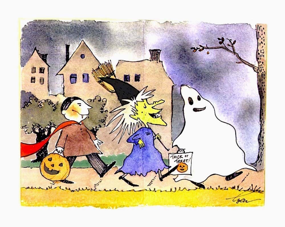 Halloween Greeting Card - Funny Kids Trick Or Treat Watercolor Cartoon Illustration Print