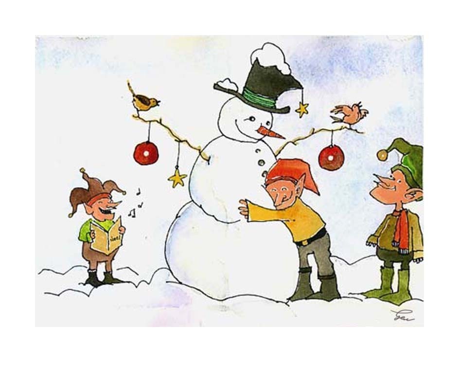 Christmas Elves Greeting Card- Snowman & Elves Christmas Card- Elf/ Elves Snowman Art Watercolor Painting Illustration Print