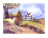 Funny Chicken Card- Spring Art- Chicken Illustration Art- Hen and Rooster Funny Chickens Print 'A Tale Of Two Chickens'